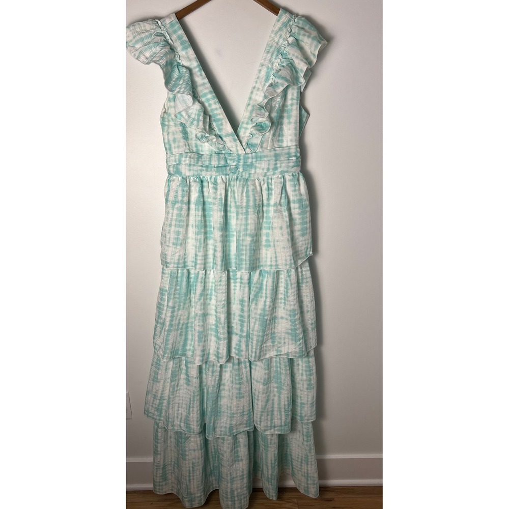 Faeriesty Maxi Dress XL‎ Blue White Tie Dye Ruffle Tiered V-Neck Cottage Boho